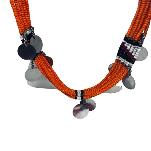 Multi Strand Orange, Black & White Seed Bead Necklace W/Dangling Circles (5468) - Picture 4 of 7